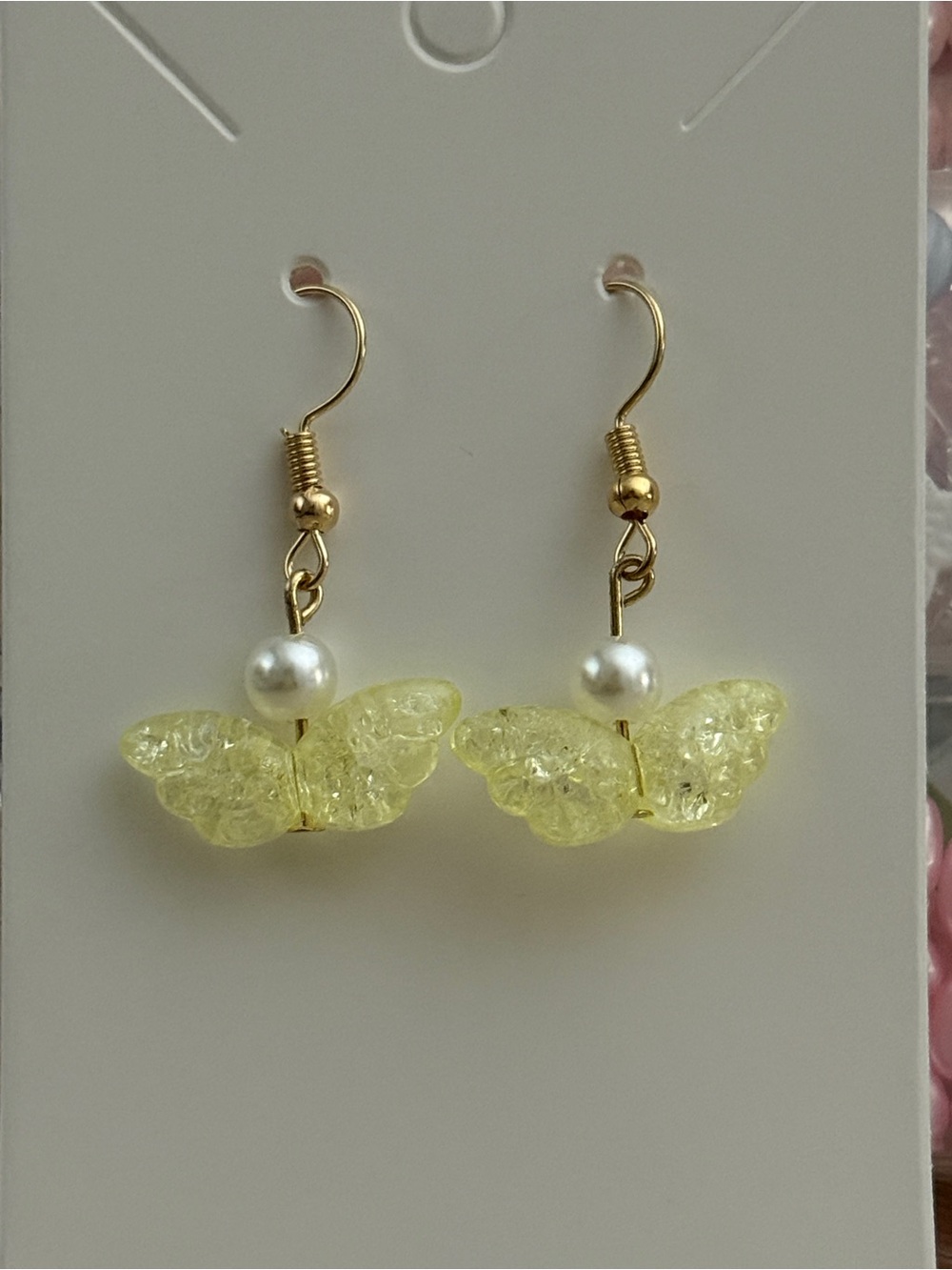 Handmade Gold Hook Yellow Butterfly Drop Earrings with Pearl Accent